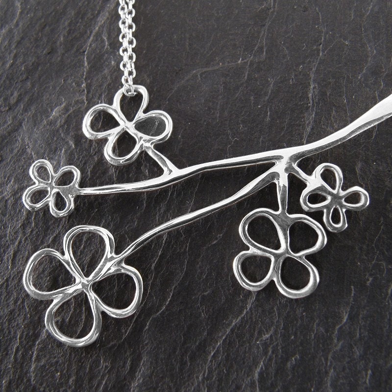 Flower Blossom Necklace, Sterling Silver, Handcrafted, Bloom, Magnolia, Cherry, Branch, Bud, Twig. MAGNOLIA BLOSSOM NECKLACE.