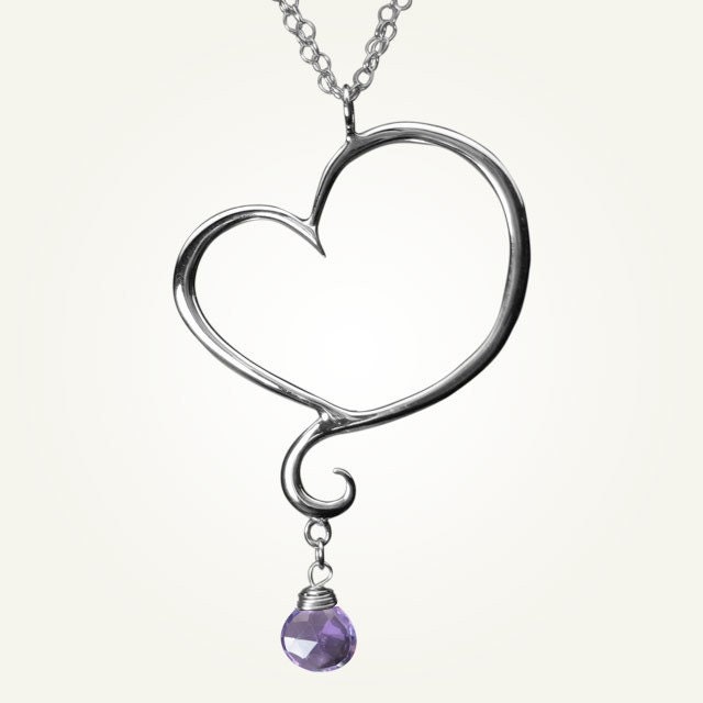 Heart Necklace with Amethyst, Sterling Silver, Handcrafted, Swirl, Unique, Elegant, Love. APHRODITE NECKLACE with Amethyst.