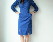 50's Style Vintage 80's Cobalt Blue denim BACKLESS Cowl Ruched Button Leg Slit Pencil Dress-Large