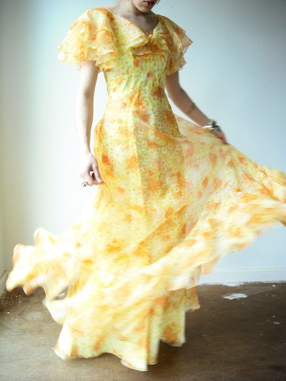 Vintage 60's CITRUS SUNSHINE Floral Ruffle Chiffon Flowy Long Party Gown Maxi Dress