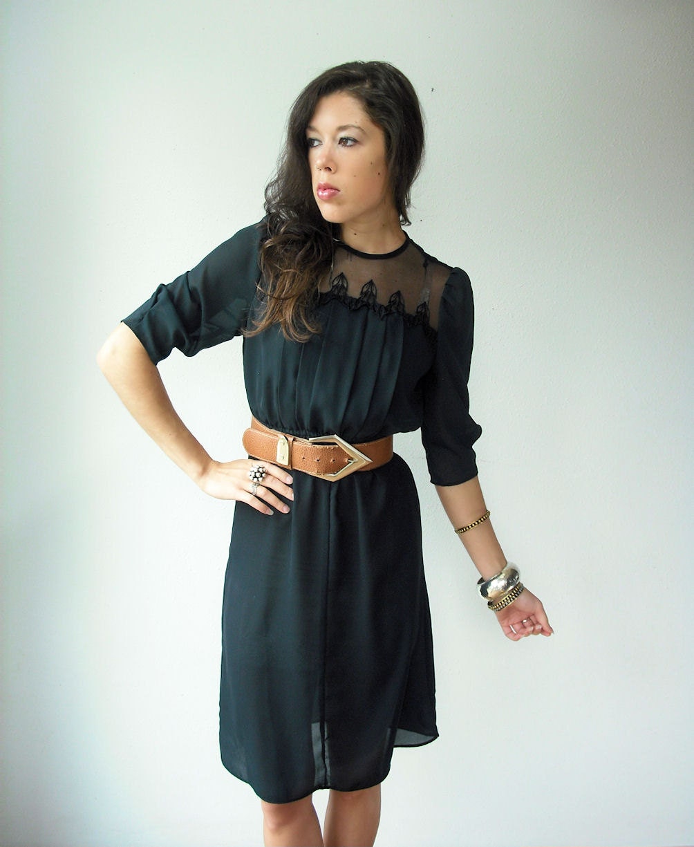 Vintage 80's Semi Sheer Black Pleated Bust Sheer Crochet Neckline Midi Dress