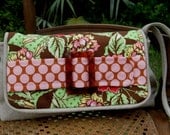 linen wristlet clutch brown and pink fall floral with polka dot trim