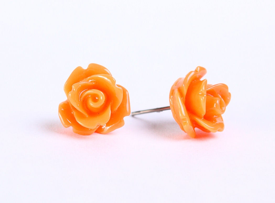 Pumpkin orange rosebud flower surgical steel hypoallergenic stud earrings READY to ship (452) - Flat rate shipping