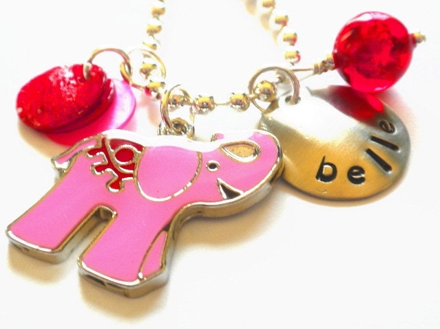 Hand Stamped Necklace PINK ELEPHANT  Personalized Charm Necklace for Children