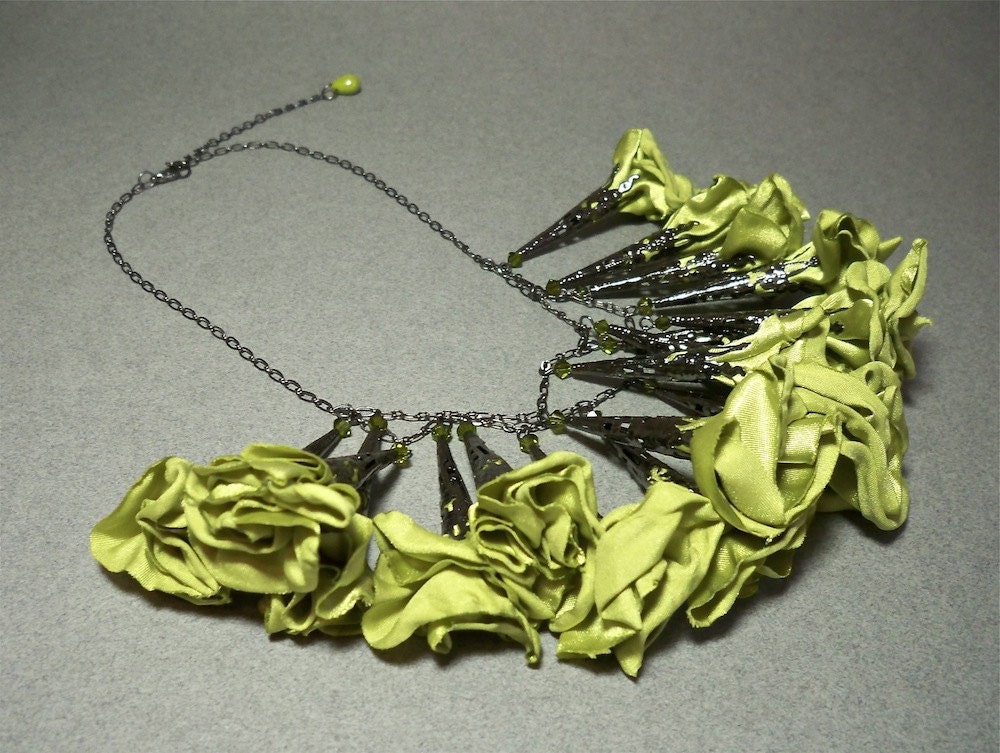 Cha Cha Lime Green Fabric Flower Necklace