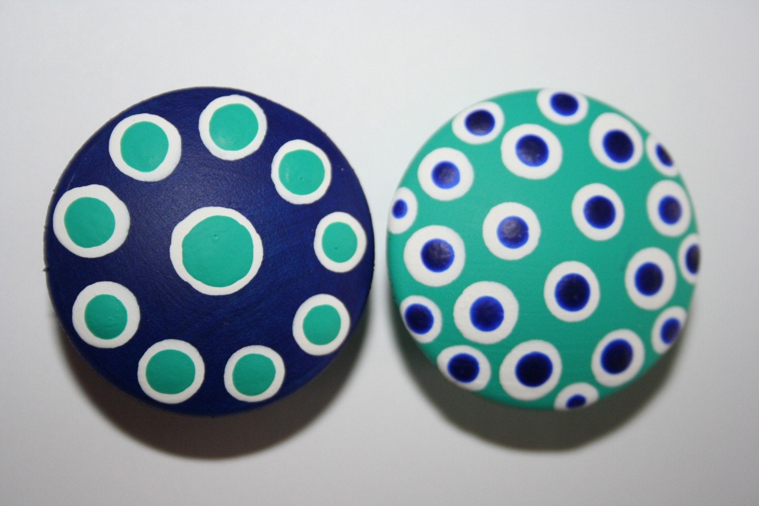 Bright Neon Blue, Teal Green and White Polka Dot Knobs
