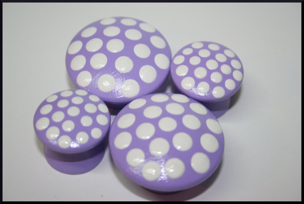 Light Lavender Purple with White Polka Dots Knob- Matching pulls and Light Switch Covers Available