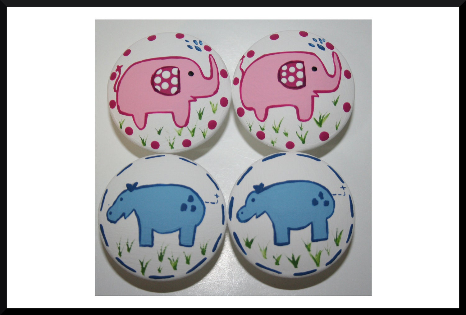 Pink Elephant and Blue Hippo Knobs- Matching Light Switch Cover Available