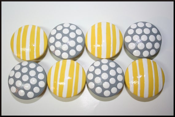 Grey with White Polka Dots and Yellow with White Stripes Knobs