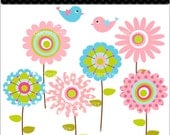 flower clip art , bird clip art , Digital clip art for all use, HAPPY FLOWERS 2 , Instant Download and print png/jpg File. pink, blue