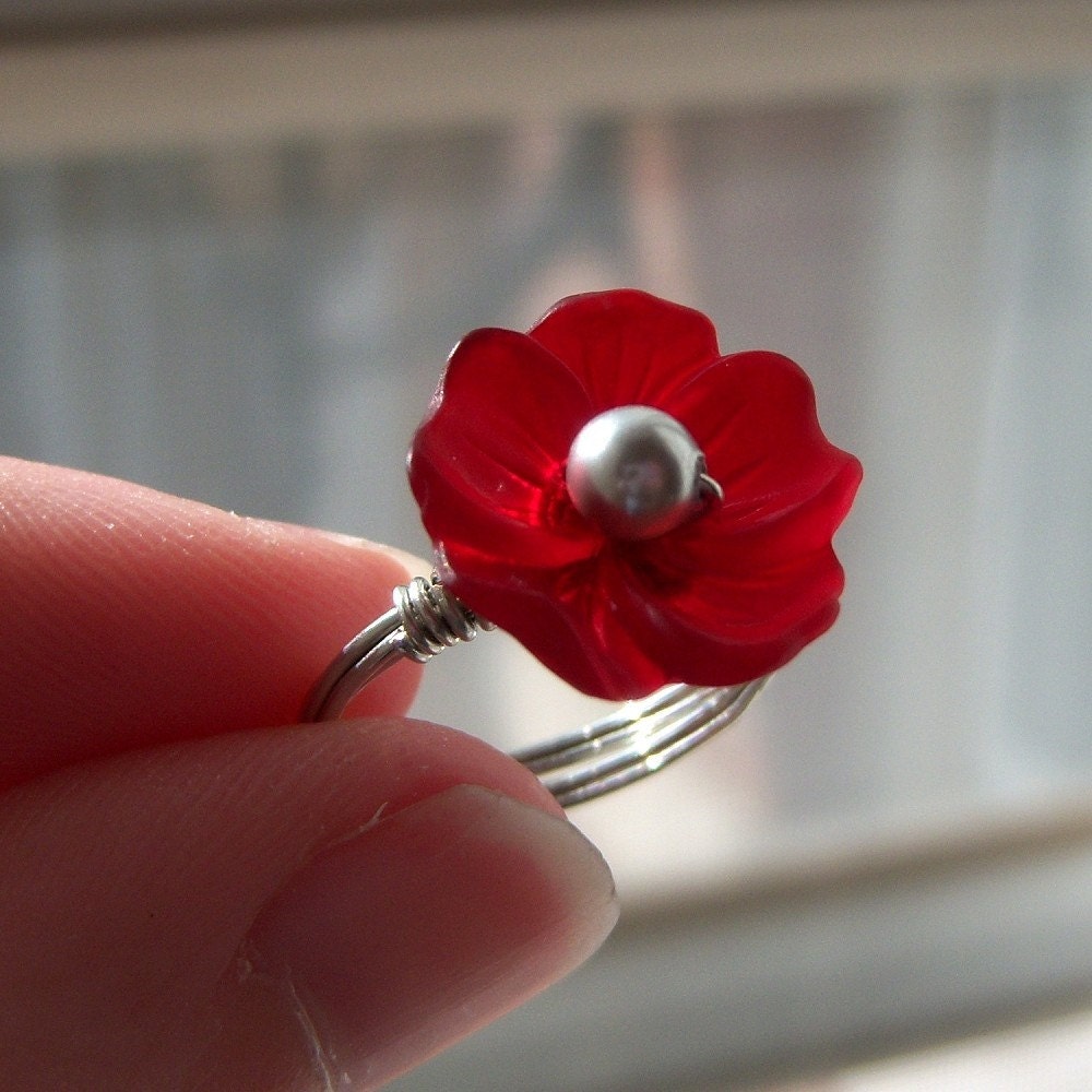 Red Flower Wire-Wrapped Ring - Custom Colors and Sizing
