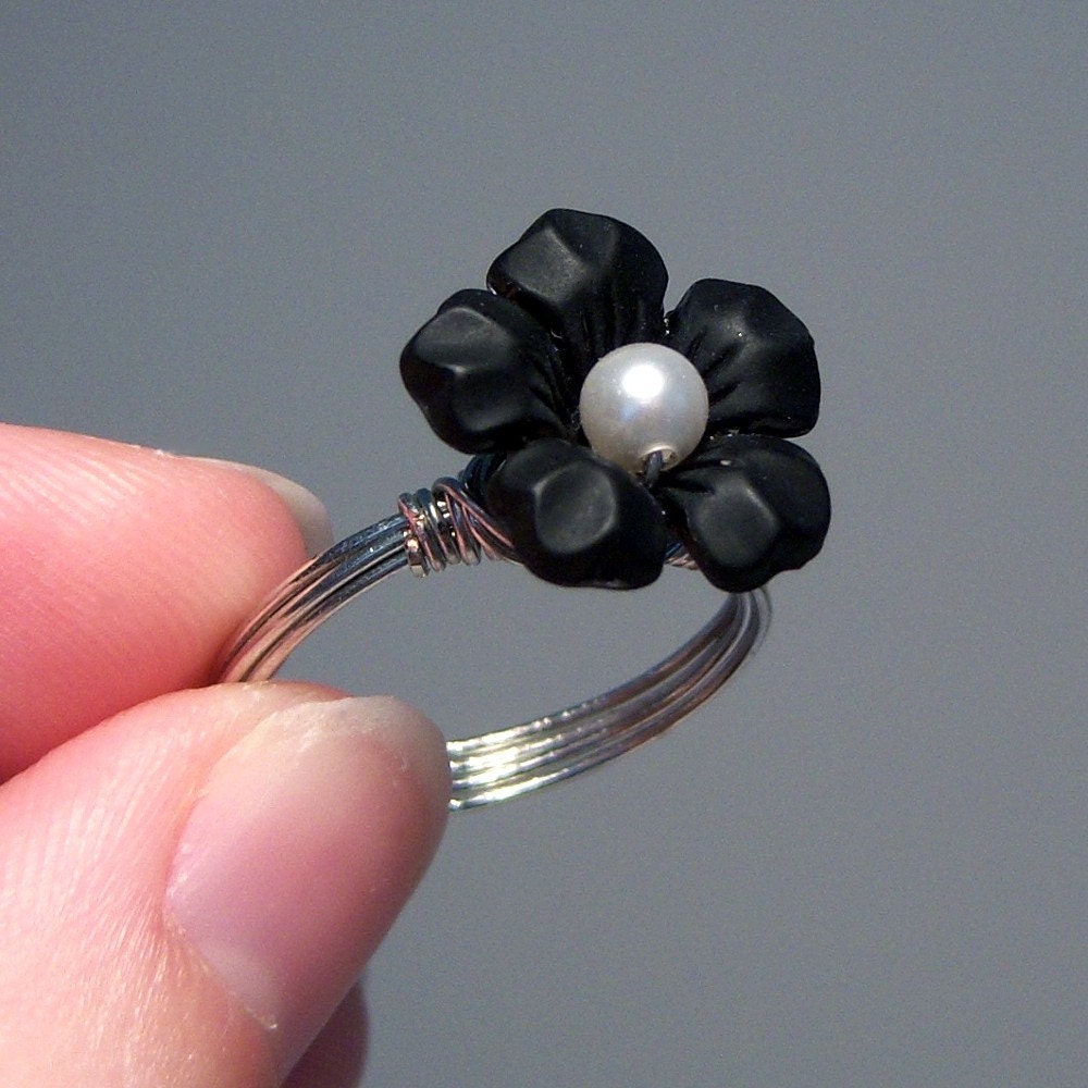 Black Flower Wire-Wrapped Ring - Custom Colors and Sizing