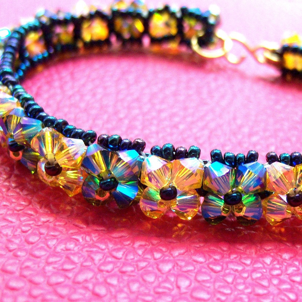 Iridescent Yellow and Olive/Blue Swarovski Crystal Woven Bracelet