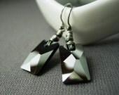 SALE Black Rectangular Crystal Earrings, Wire Wrapped Swarovski Jet Hemitite Pendular and Oxidized Sterling Silver.  Element.
