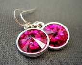 SALE Hot Pink Earrings, Swarovski Fuchsia Rivoli Dangle Earrings Bridesmaids Fashion Under 25 .  Taffy.