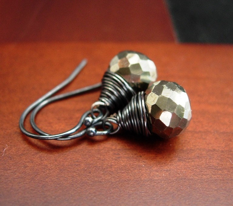 SALE Pyrite Earrings, Faceted Pyrite Onion Briolettes and Oxidized Sterling Silver.  Rustic.