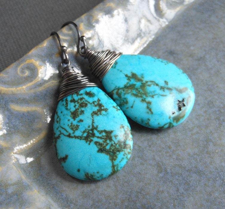 SALE Gemstone Earrings, Wire Wrapped Turquoise Dyed Howlite and Oxidized Sterling Silver.  Streams.