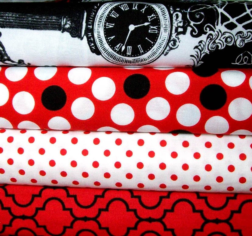 red and black cotton fabric bundle- half yards set of 4 cotton quilt fabrics-  polka dots and photographs