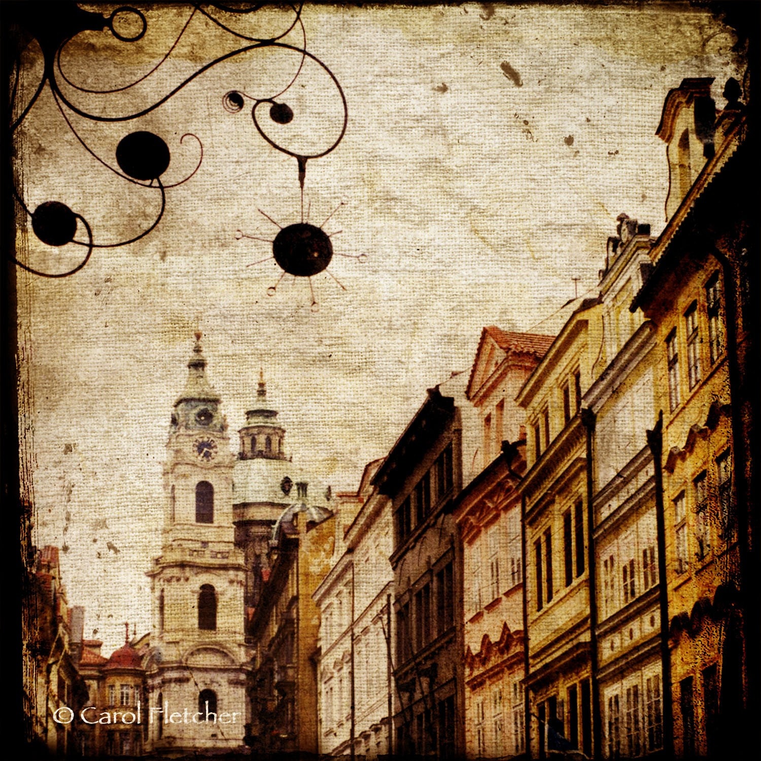 Prague Curlicues - Fine Art Photography Metallic Print - 5x5 - Czech Republic - Church - Street sign - Golden light