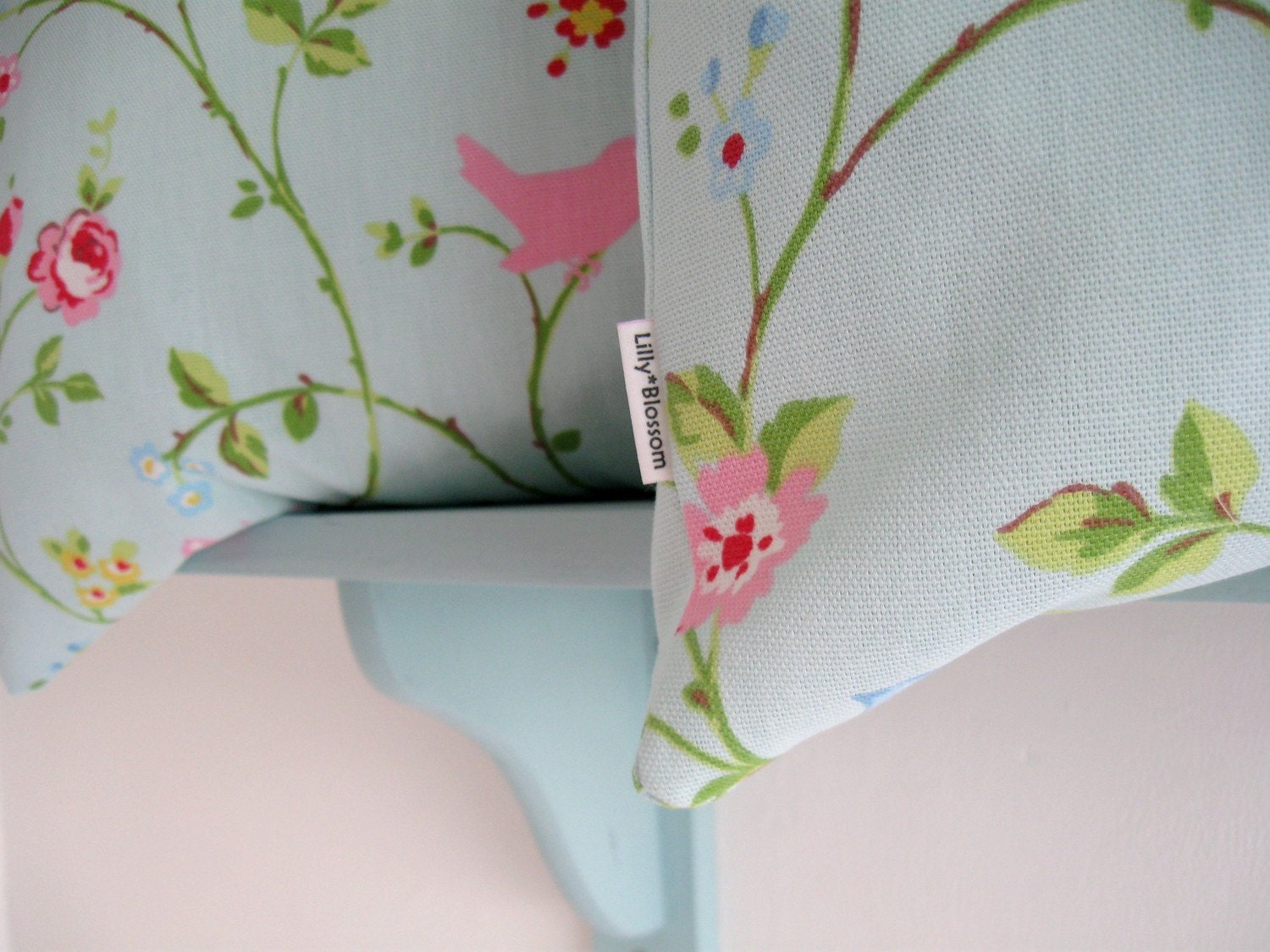 Pair of 16 inch Cushion Covers in Bird Trail Seafoam Cotton Fabric by Clarke and Clarke UK