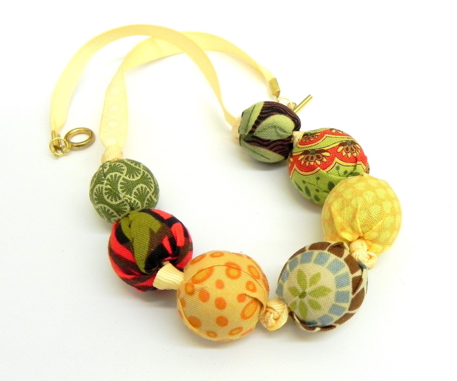 20% off Spring Sale - Fabric Necklace - Handmade beads - Green, red, brown, orange, teal blue and yellow