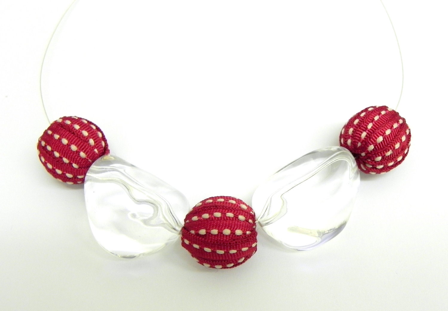 20% off Spring Sale - Raspberry and transparent beaded Necklace - Ribbon and lucite beads