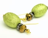 20% off Spring Sale - Lime green and Copper-brown  textured  oval bead Earrings