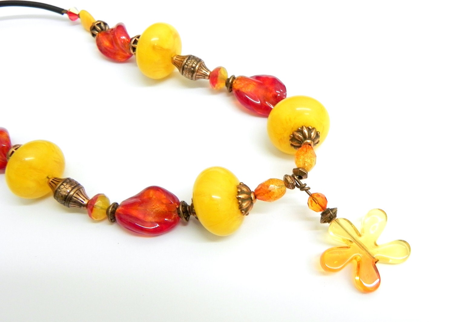 20% off Spring Sale - Necklace - Yellow jade, copper and red lampwork beads