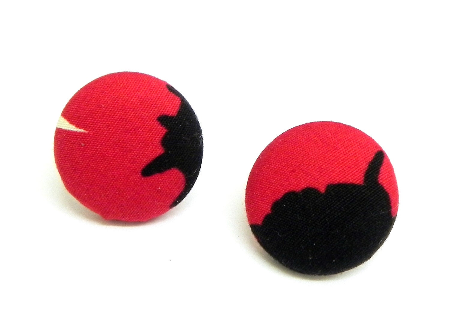 20% off Spring Sale - Fabric Button Earrings - Red and black poppies - Gold plated post