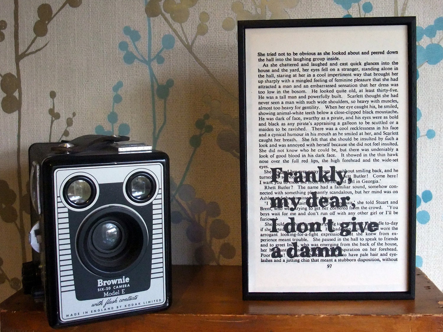 Gone With The Wind typographic art Frankly My Dear text on vintage book page