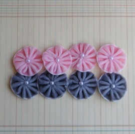 SALE Velvet Pleated Flowers Pink and Grey