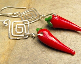 Sterling Silver Earrings Chili Peppers Red Hot