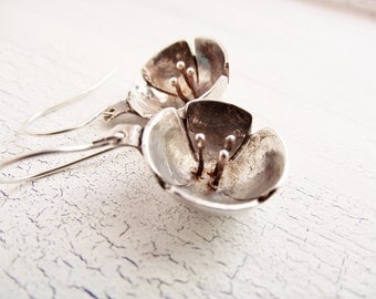 Rustic Flower Fine Silver Earrings Metal Clay