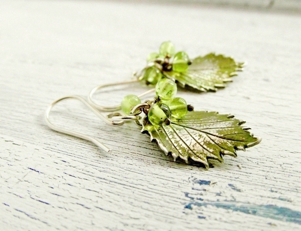 Fine Silver Peridot Earrings Slippery Elm Leaf Metal Clay