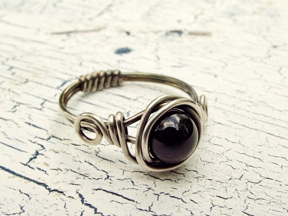 Black Onyx Sterling Silver Ring Wire Wrapped Ring