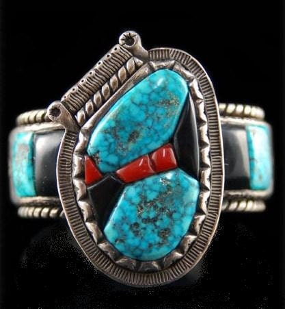 Vintage Old Pawn Navajo Sterling Silver Turquoise Coral Bracelet
