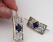 Great 9k Yellow Gold Sterling Silver Filigree Sapphire Hanging Earrings (s e1436