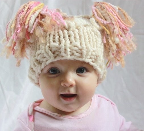 Irish Knitted Baby Hat Jester Style For Newborn in Bobble Pattern.  Cream with Pink and Brown Accents in the Tassels, Photography Prop
