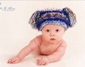 Crocheted Jester Hat For Newborn Baby in Blue and White Yarn with Blue, Brown and White Accents, Photography Prop