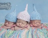 Knitted Kiss Elf Hat for Newborn Baby, Coming Home from the Hospital, Pink or Blue Shimmer Yarn, Photography Prop