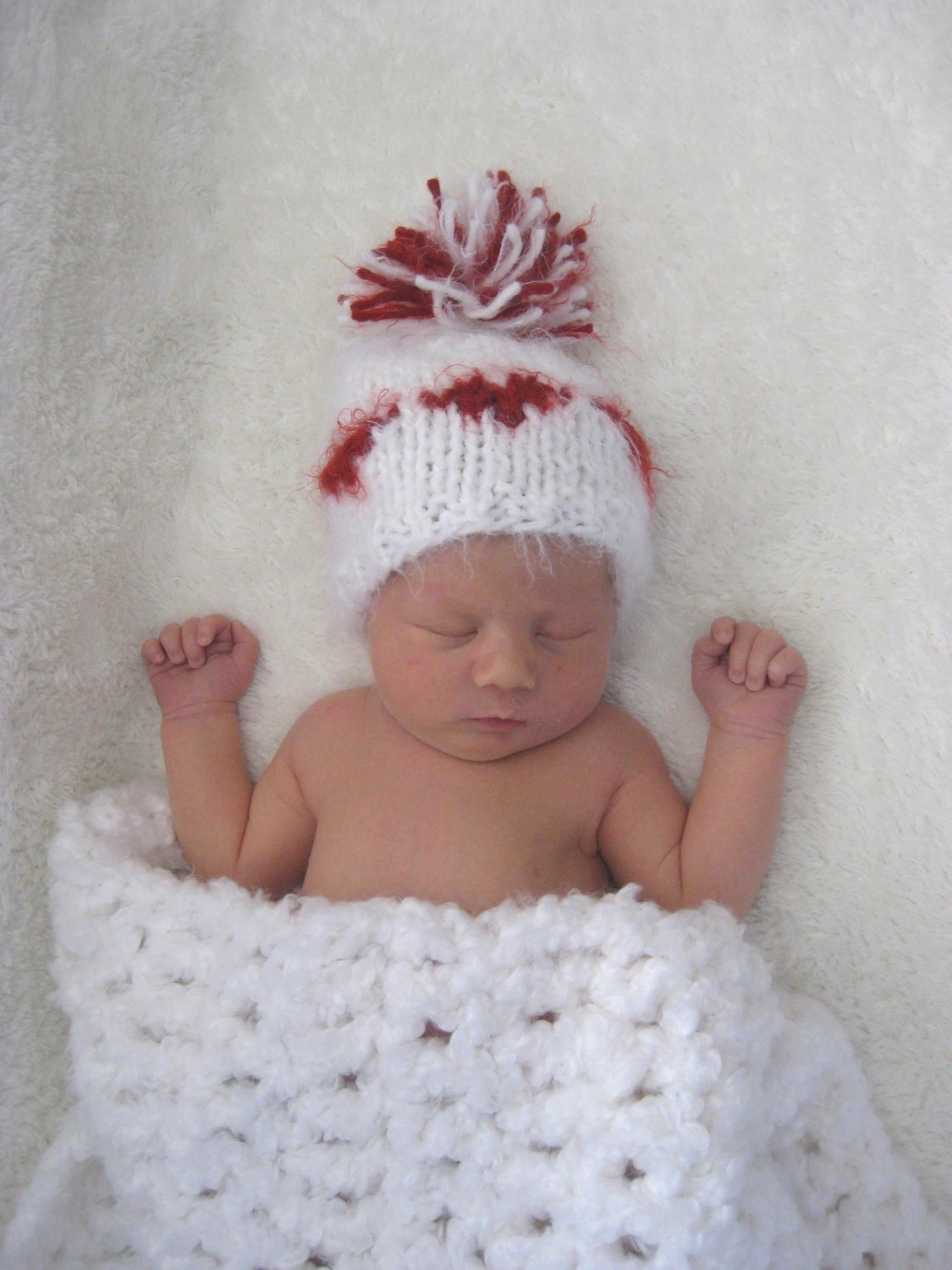 Knit Beanie Baby Hat, Red or Pink Hearts on White, with Pom Pom,, Photography Prop