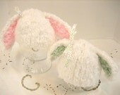Bunny Knit Hat White with Pink, Green, Blue, Peach or Tan Ears and Polka Dot Ribbon for Newborn Baby Photography Prop