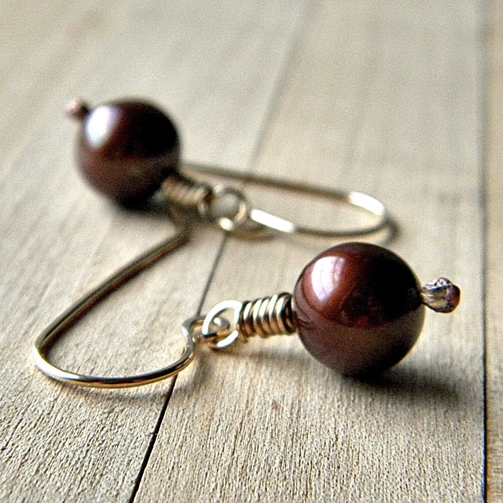 Gold Pearl Earrings, Chocolate Brown Freshwater Pearl 14k Gold Filled Dangle Earrings - Godiva