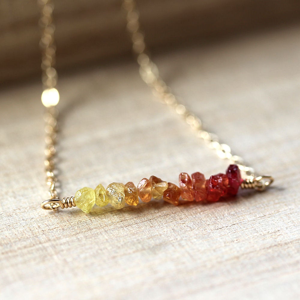 Autumn Sapphire Necklace, Rust Orange and Amber Yellow Ombré Songea Sapphire 14k Gold Filled Necklace September Birthstone - Earth Tones