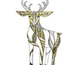 TOTEM DEER ART- Animal Line Drawing by Thailan When.  Free Shipping