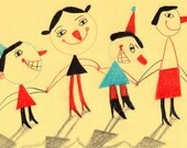 Happy holiday / ORIGINAL ILLUSTRATION / holding hands / Yellow background / Red noses / Children Illustration / Funny faces