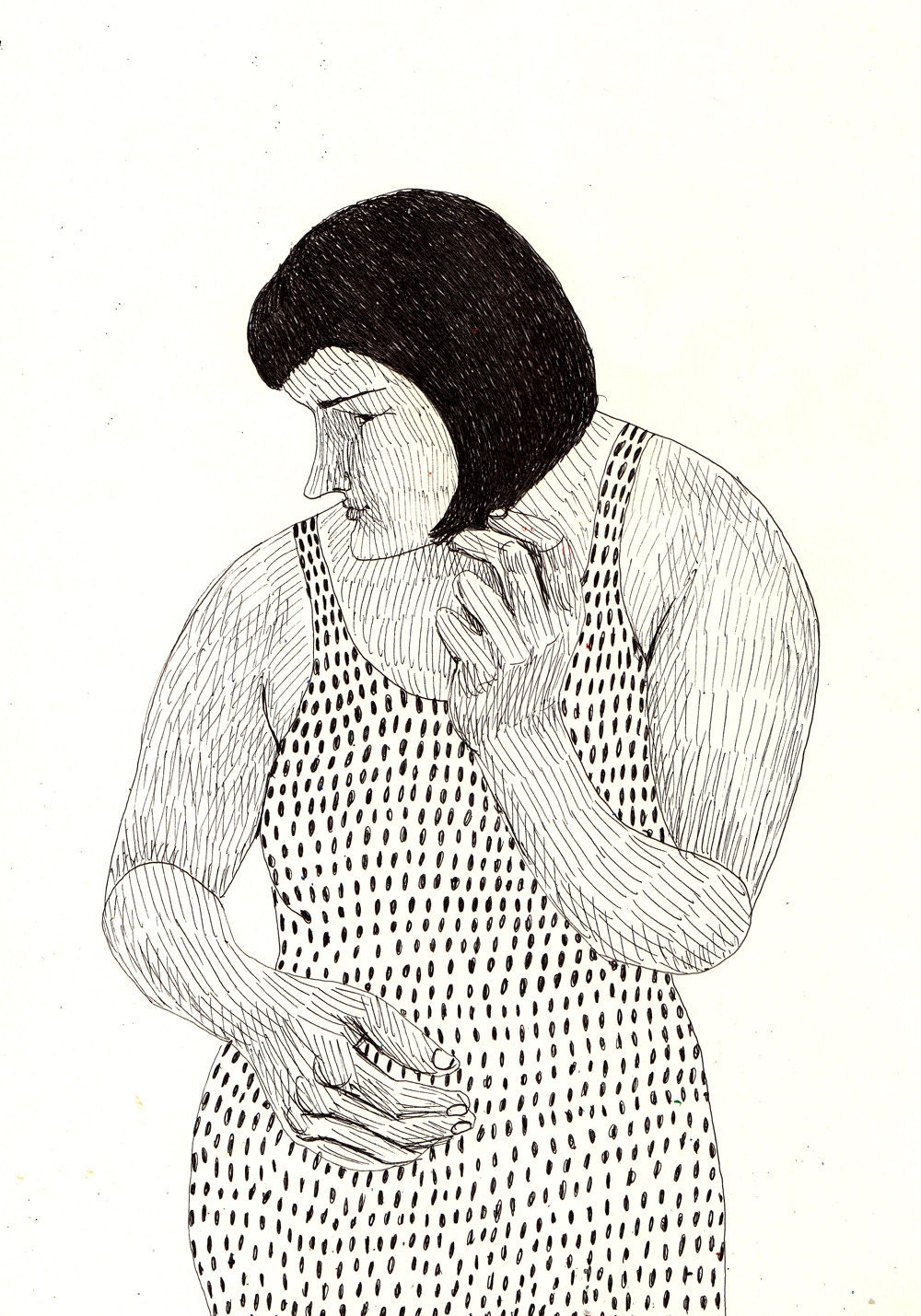 what was I looking for / ORIGINAL ILLUSTRATION / Black and white / Female body / Gesture / Care hair cut / Pen drawing