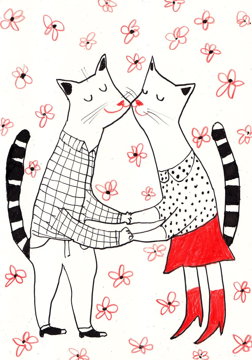 Love blossoms  / ORIGINAL CAT  ILLUSTRATION / ink and color pencils drawing