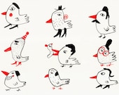birds or people / ORIGINAL ILLUSTRATION / ink drawing / Red noses / White background / Flock