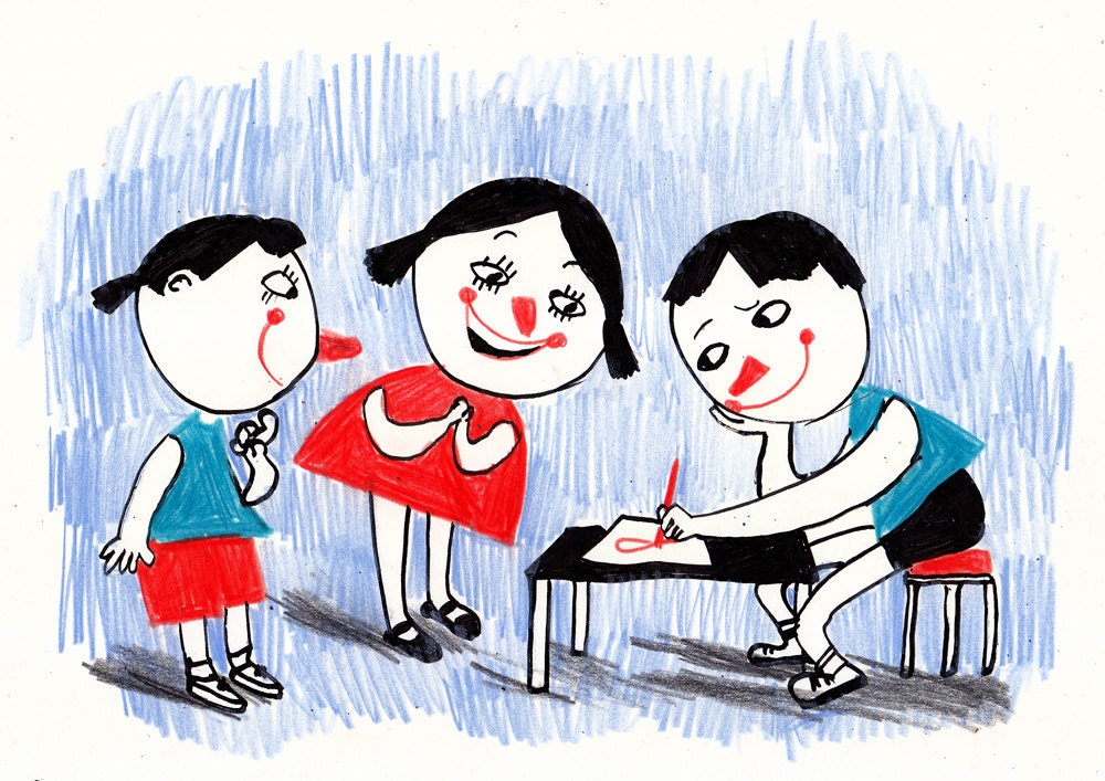 wow great drawing / ORIGINAL ILLUSTRATION / Children illustration / Joke / Red noses / Classroom / Kids drawing